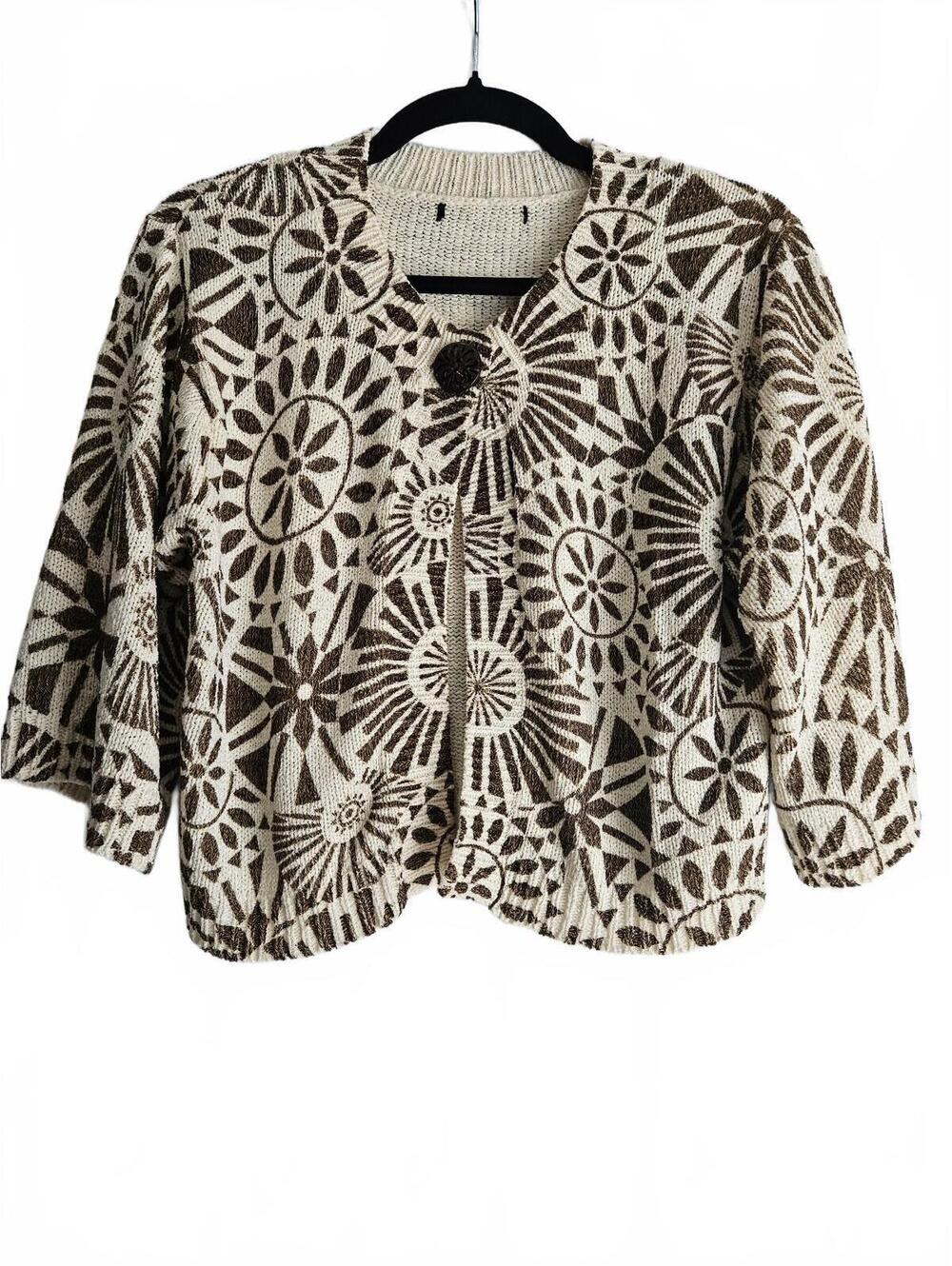 August Silk Cream&Brown Floral Graphic Open-Front Cardigan-M-Vintage Boho Chic!